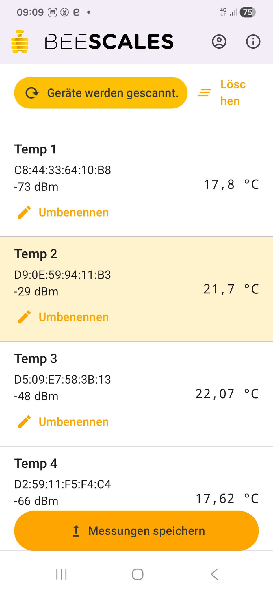 BeeScales Diagnostics – liste des capteurs de température